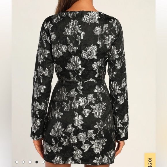 Lulu's Black and Metallic Silver Floral Long Sleeve Dress size L NWT - Picture 3 of 7